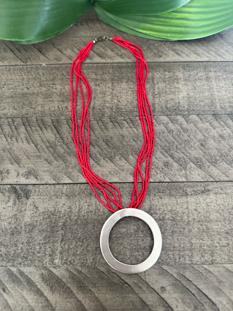 Red Multi-Strand Beaded Necklace With Silver Circle Pendant